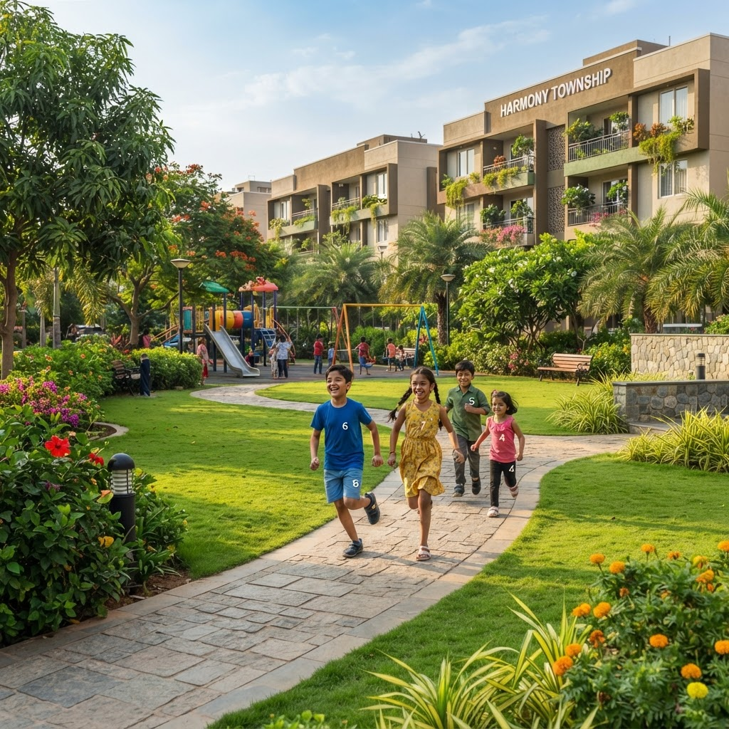Community park with children playing
