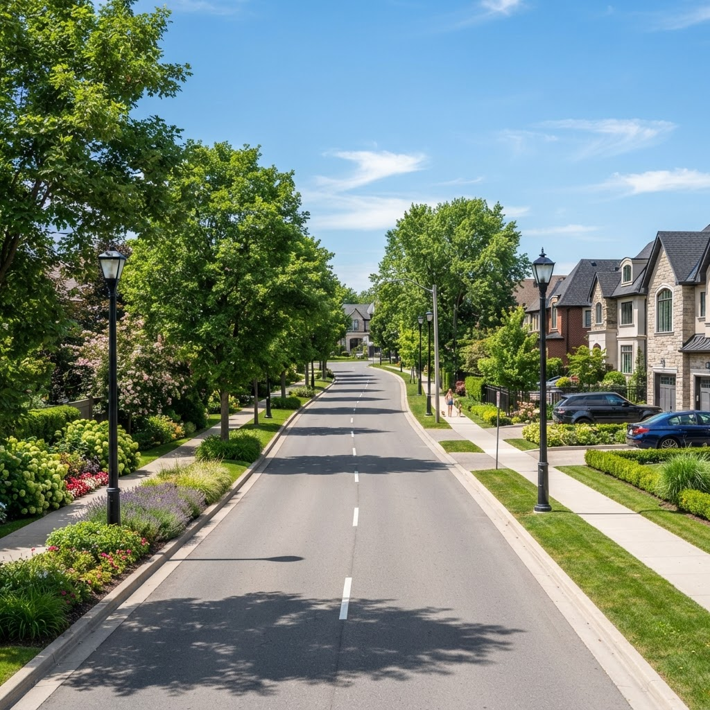Tree-lined internal road with footpaths