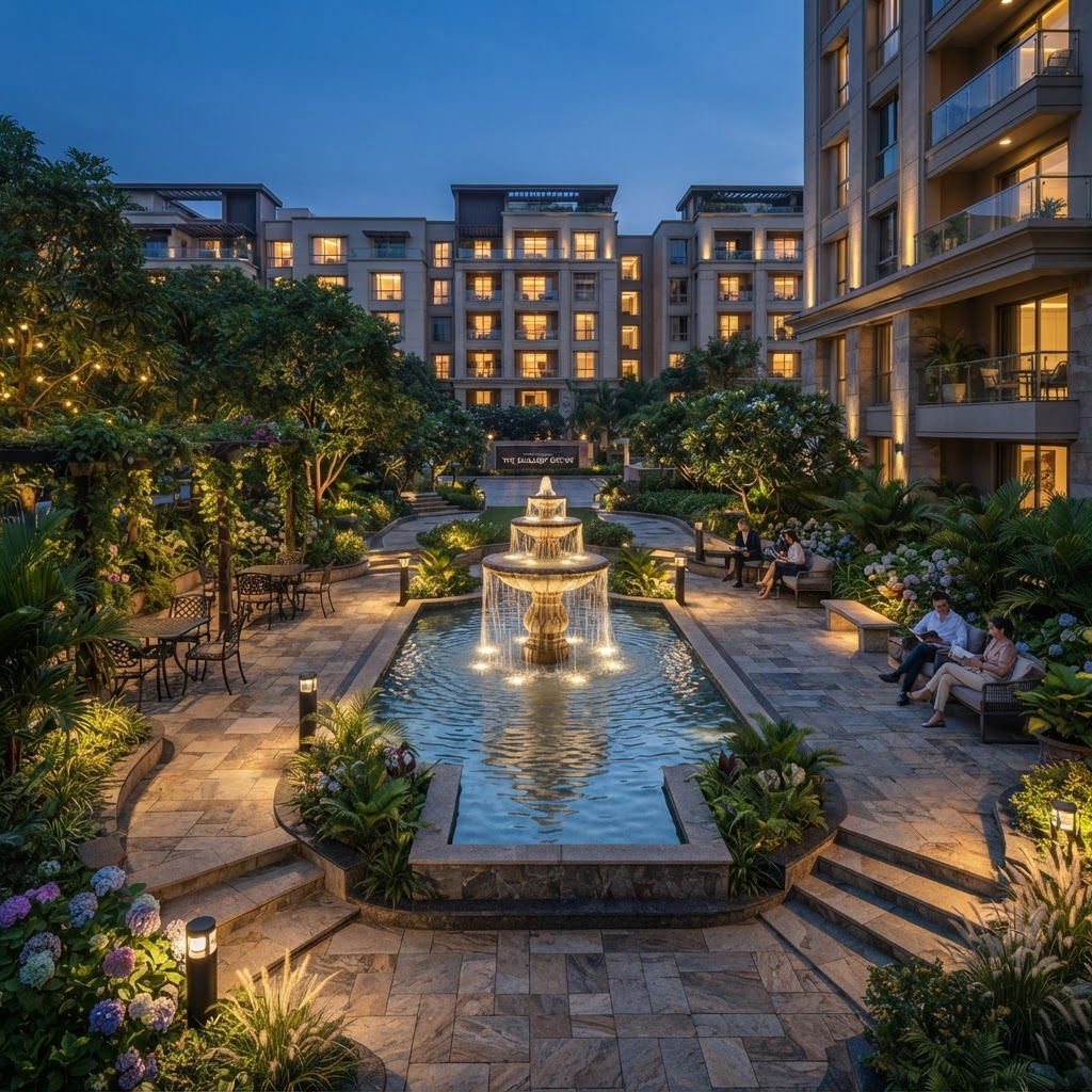 Landscaped water feature and seating plaza